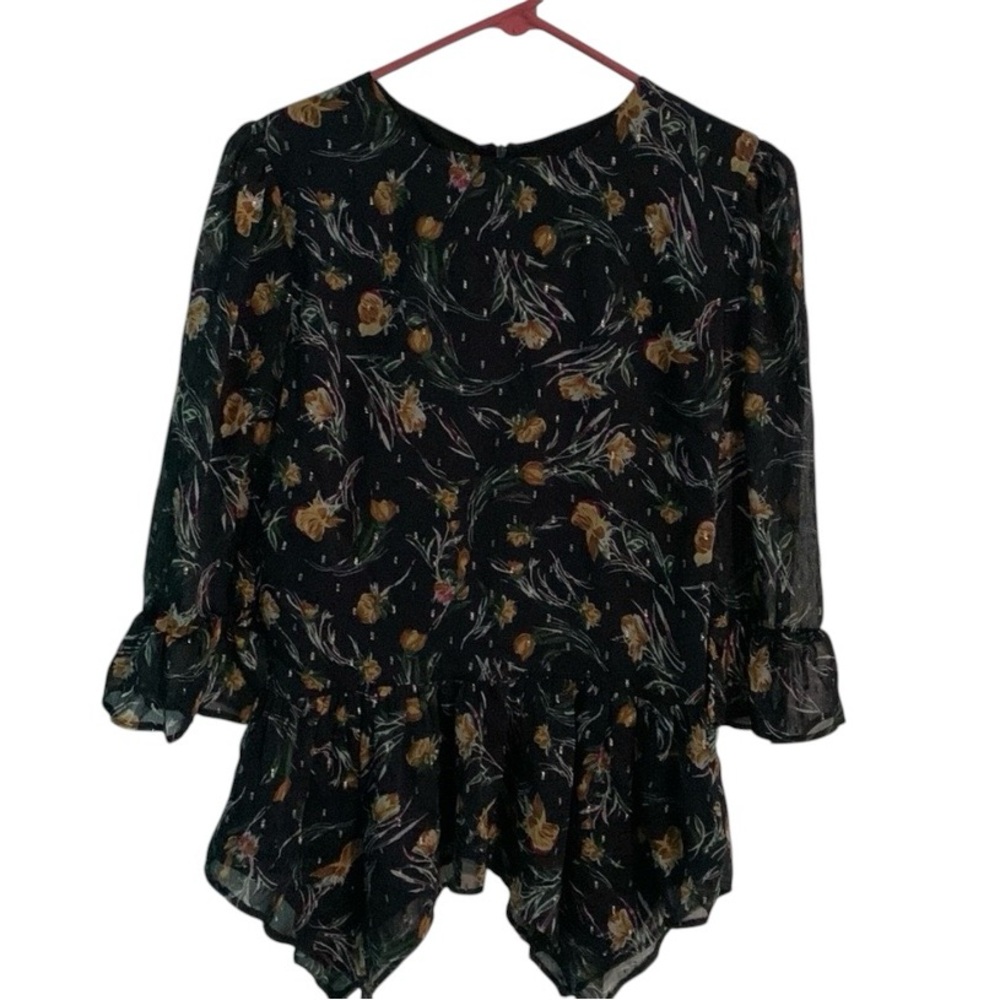 NWOT Lea & Viola Black Flare Blouse with Yellow Rose Flora Pattern Women’s Small